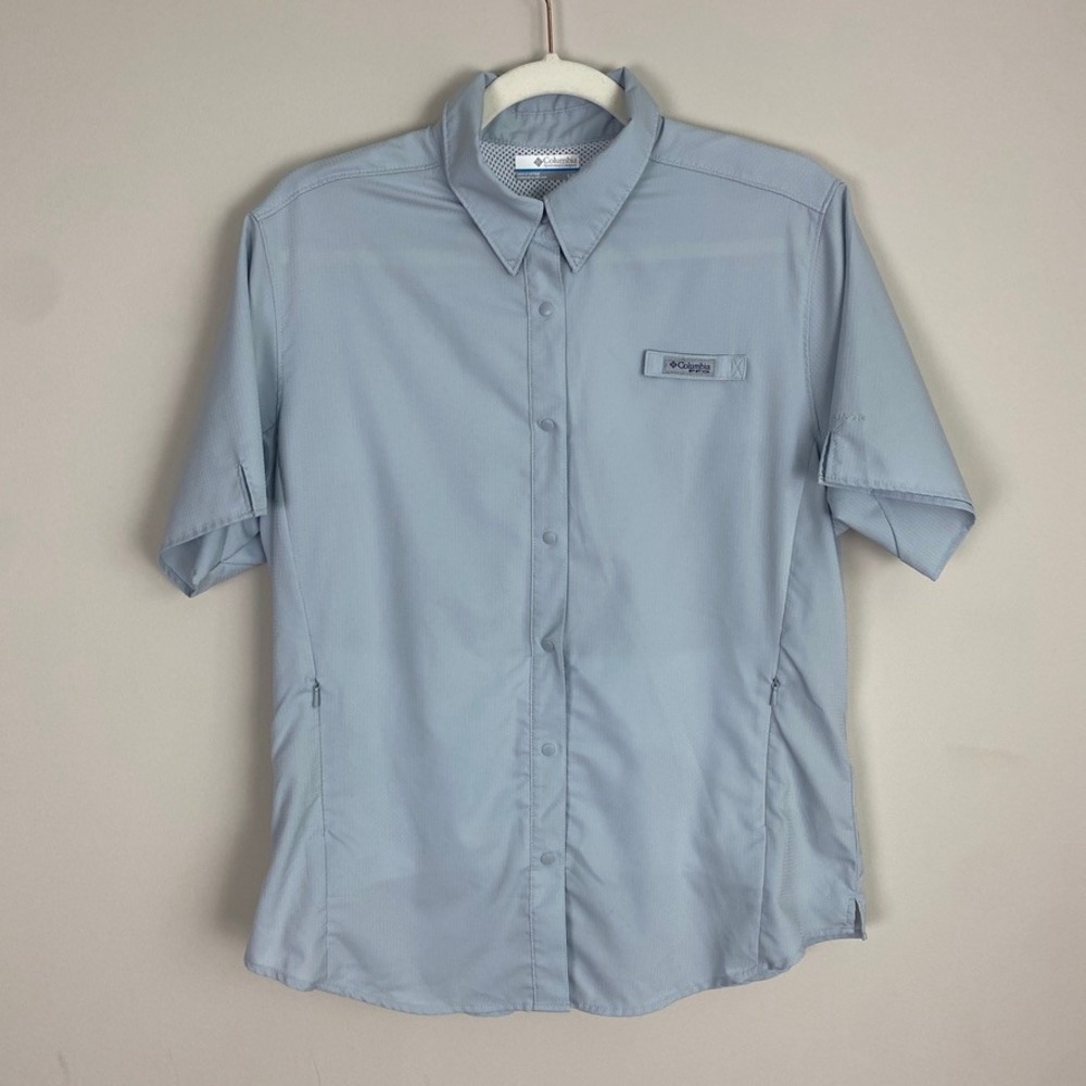 Columbia PFG Fishing Shirt Womens Large Vented Hiking Blue Short Sleeves Omni